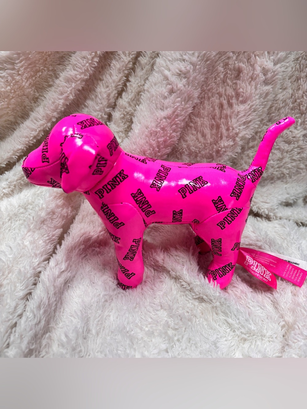 VS Victoria's Secret PINK Vinyl Stuffed Plush Logo Dog Neon Pink GUC 7” y2K 2015